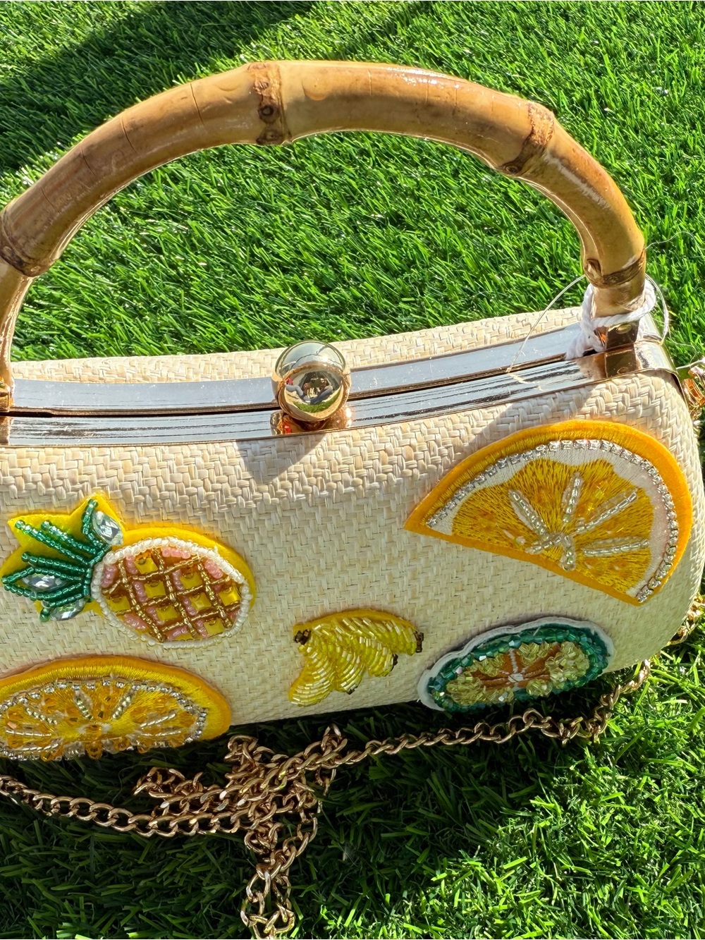 Yellow Fruit Appliqué Straw Handbag with Bamboo Handle - Picture 3 of 4
